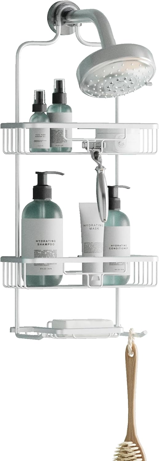 Satin chrome over-the-showerhead caddy hanging from a shower arm with two shelves