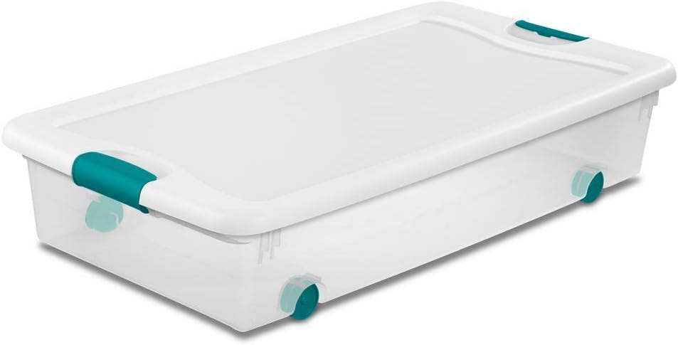 Clear hard-shell under-bed storage box with wheels and a latching lid