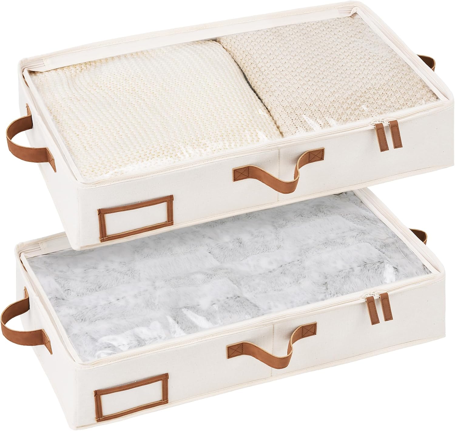 Two thick grey fabric under-bed storage bins with handles and label holders filled with folded clothes