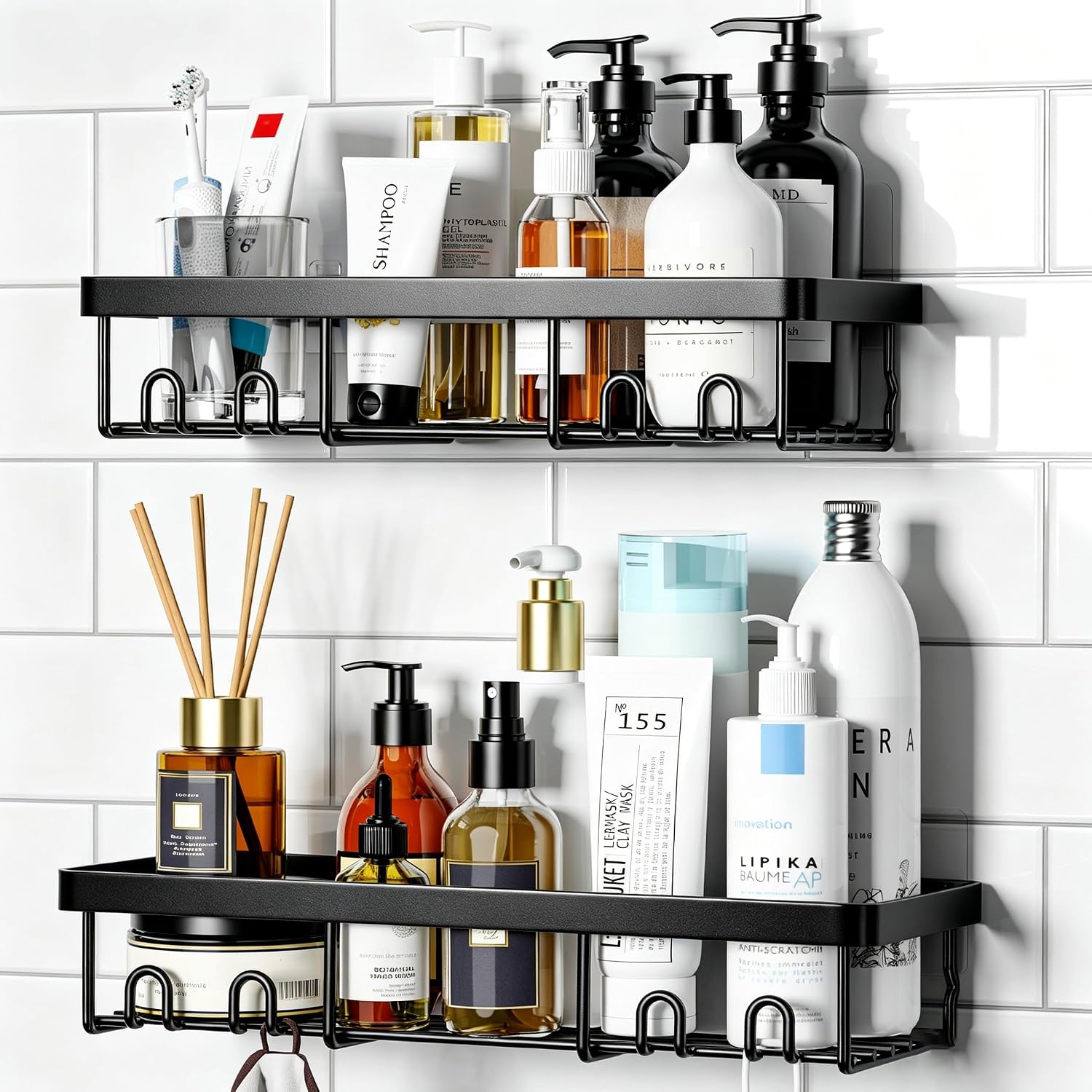 Single black adhesive shelf mounted on a bathroom wall holding a small plant and toiletries