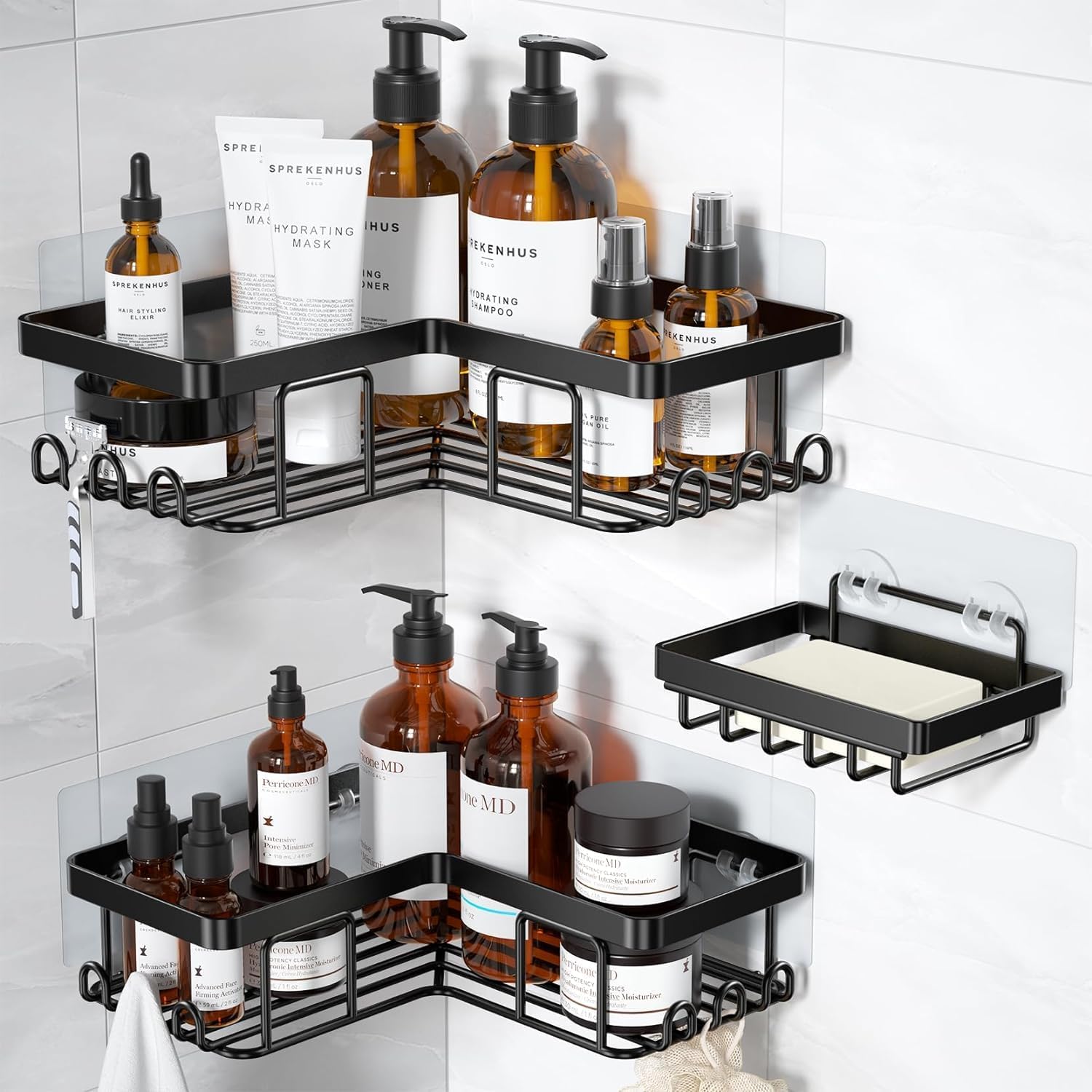 Three-tier black corner shower caddy with hooks installed in a shower corner