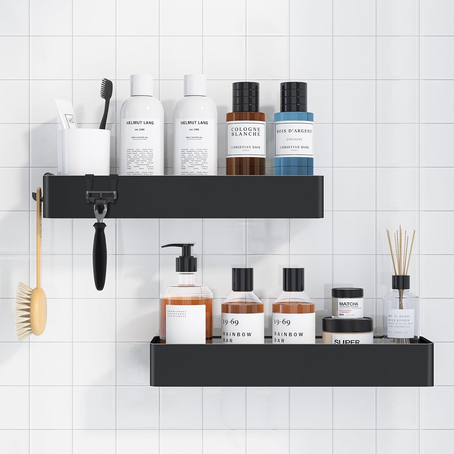 Two extra-large adhesive shower shelves holding full-size shampoo and body wash bottles
