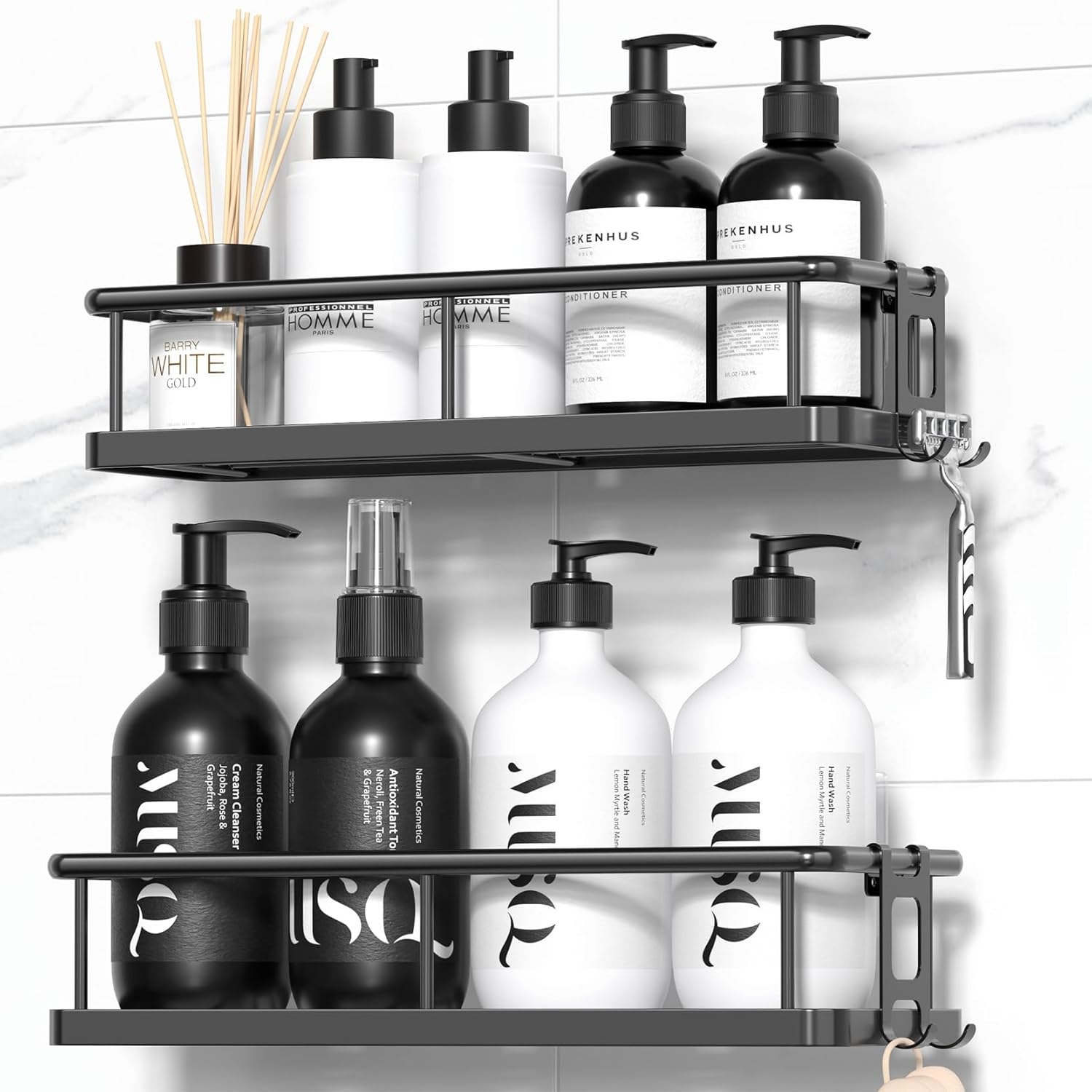 Black adhesive shower caddy mounted on white subway tile holding shampoo and conditioner bottles