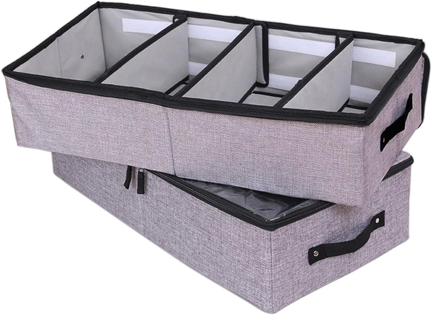 Grey foldable under-bed storage container with a clear lid and adjustable dividers holding shoes