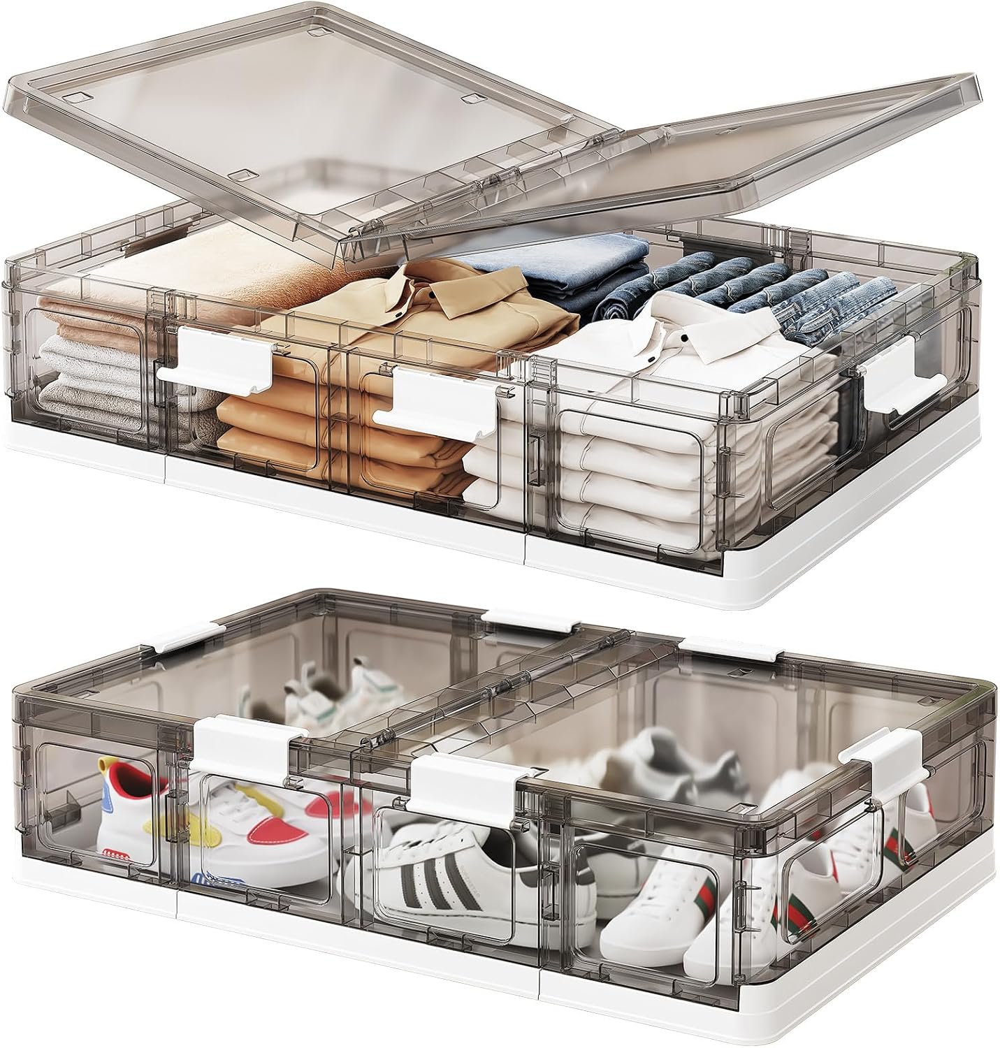 Two clear rolling under-bed storage bins with wheels partially pulled out from under a bed
