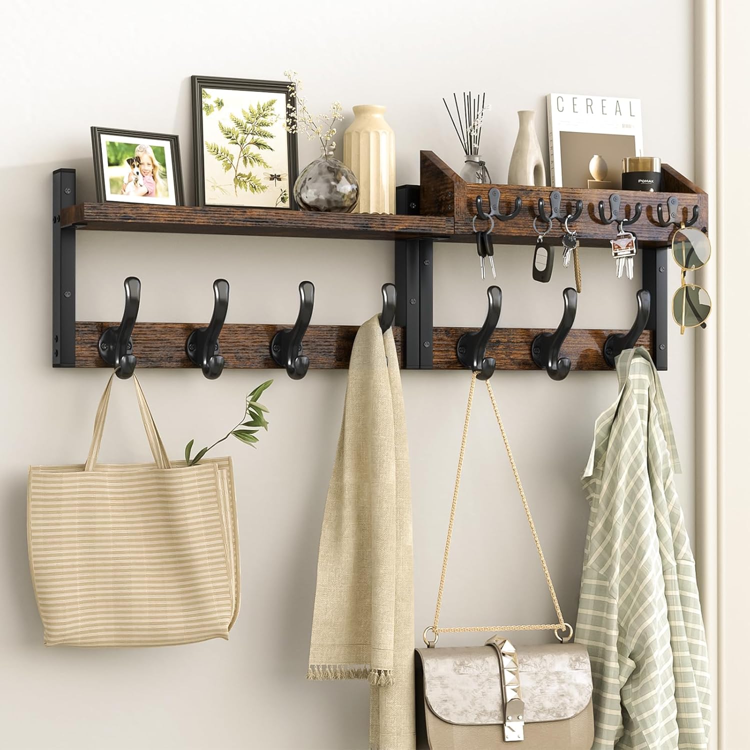 Rustic brown wall-mounted coat rack with a top shelf, eleven hooks, and a mail holder by a front door